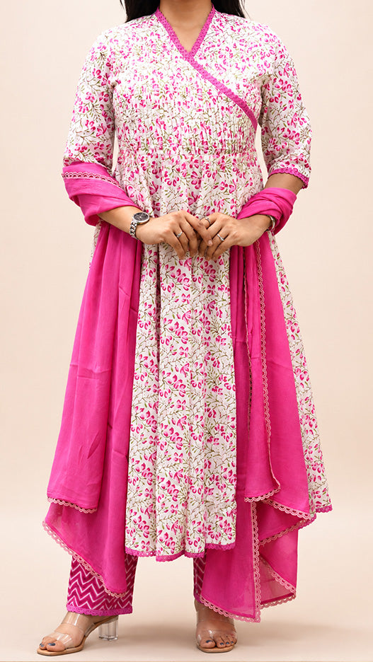 FUSHIA PRINTED COTTON  HAND WORK ANARKLI SUIT SET