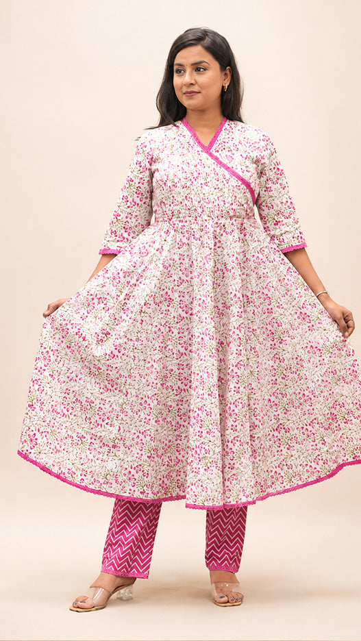 FUSHIA PRINTED COTTON  HAND WORK ANARKLI SUIT SET