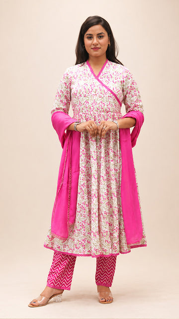 FUSHIA PRINTED COTTON  HAND WORK ANARKLI SUIT SET