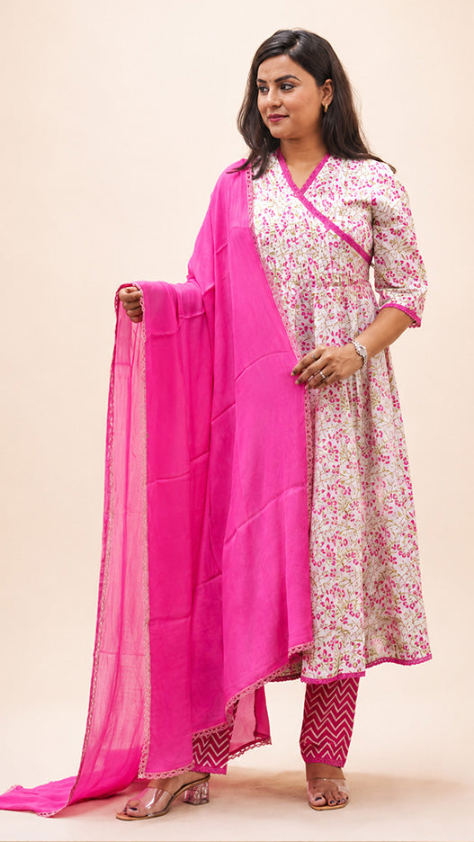 FUSHIA PRINTED COTTON  HAND WORK ANARKLI SUIT SET