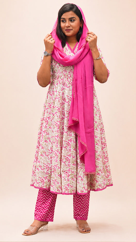 FUSHIA PRINTED COTTON  HAND WORK ANARKLI SUIT SET