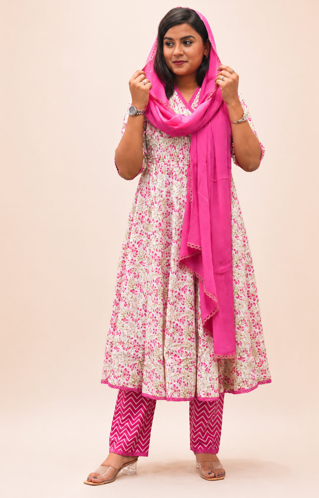 FUSHIA PRINTED COTTON  HAND WORK ANARKLI SUIT SET