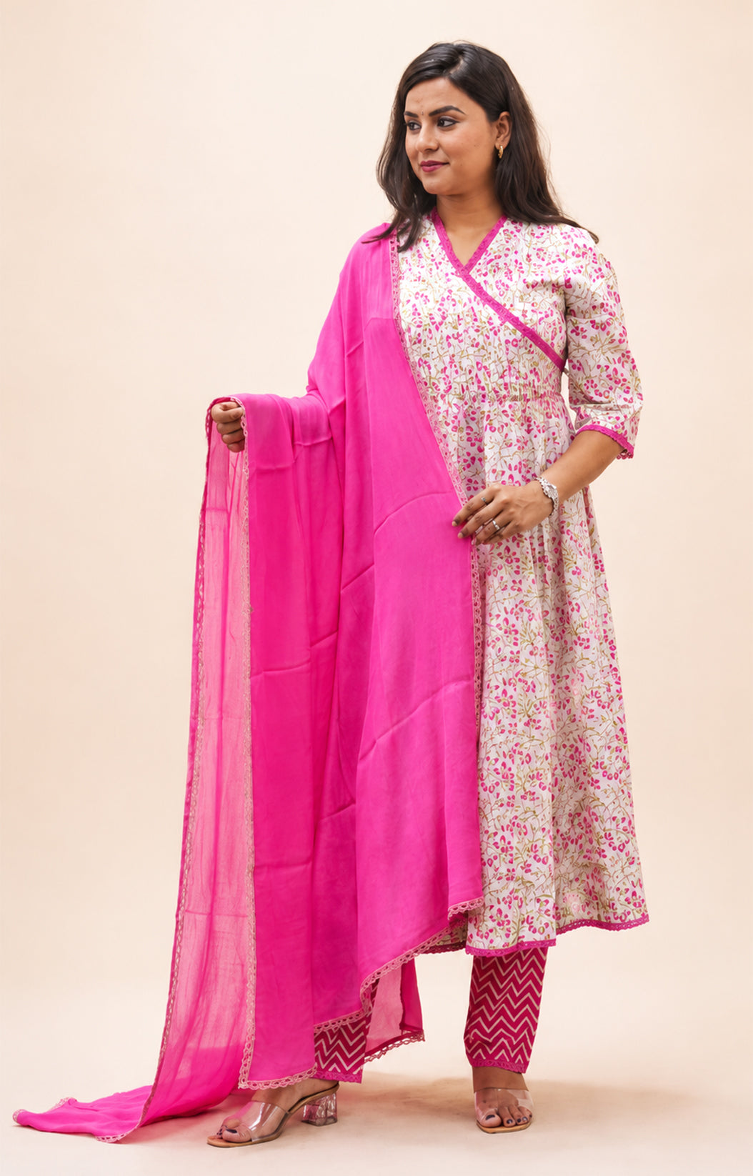 FUSHIA PRINTED COTTON  HAND WORK ANARKLI SUIT SET