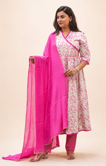 FUSHIA PRINTED COTTON  HAND WORK ANARKLI SUIT SET