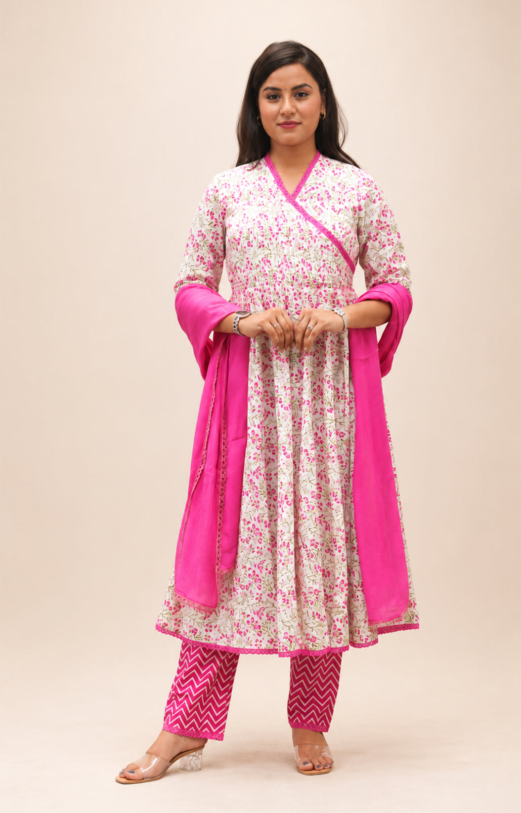 FUSHIA PRINTED COTTON  HAND WORK ANARKLI SUIT SET