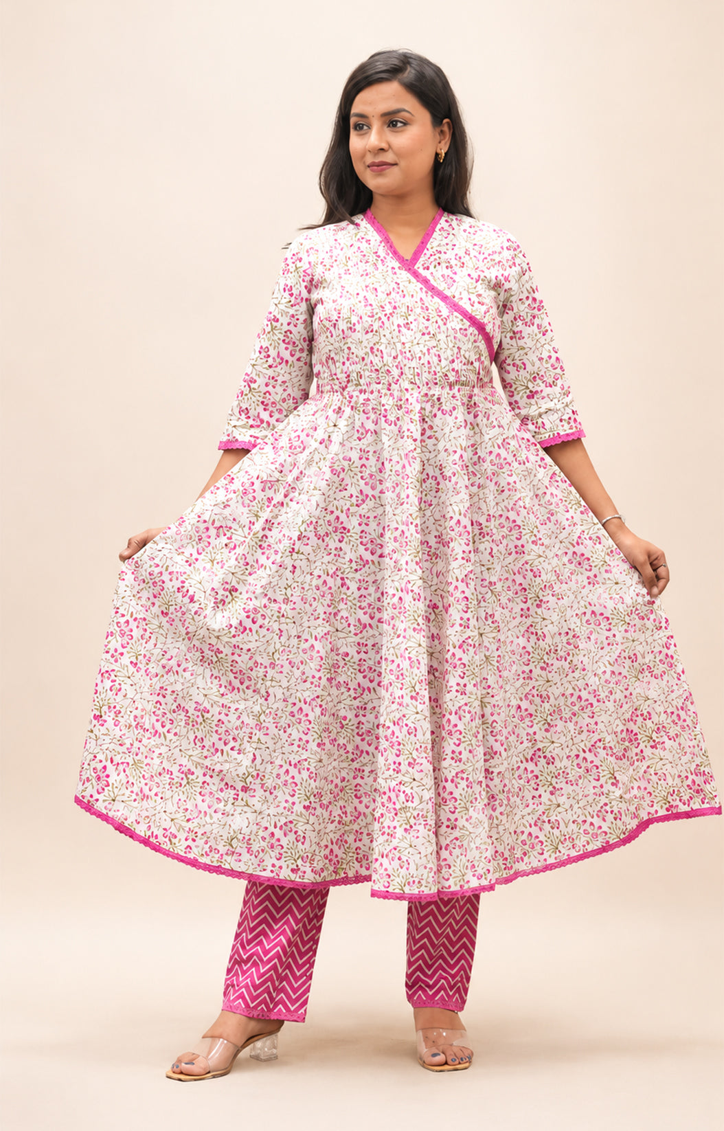 FUSHIA PRINTED COTTON  HAND WORK ANARKLI SUIT SET