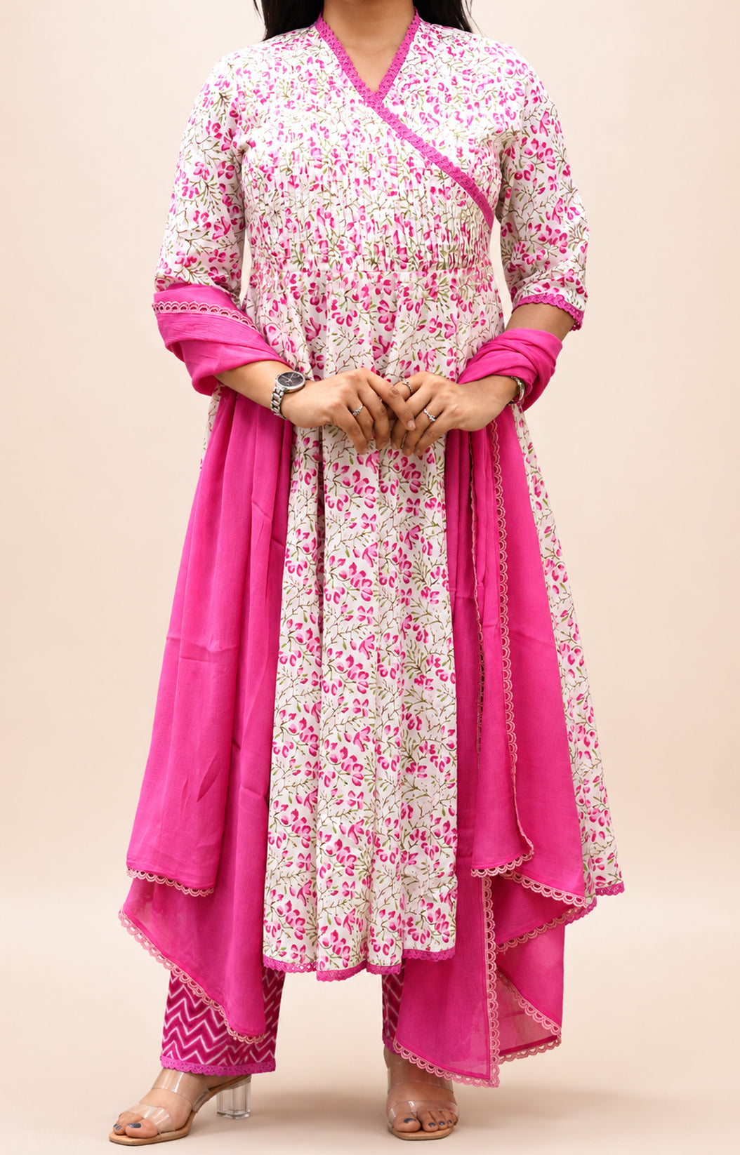 FUSHIA PRINTED COTTON  HAND WORK ANARKLI SUIT SET