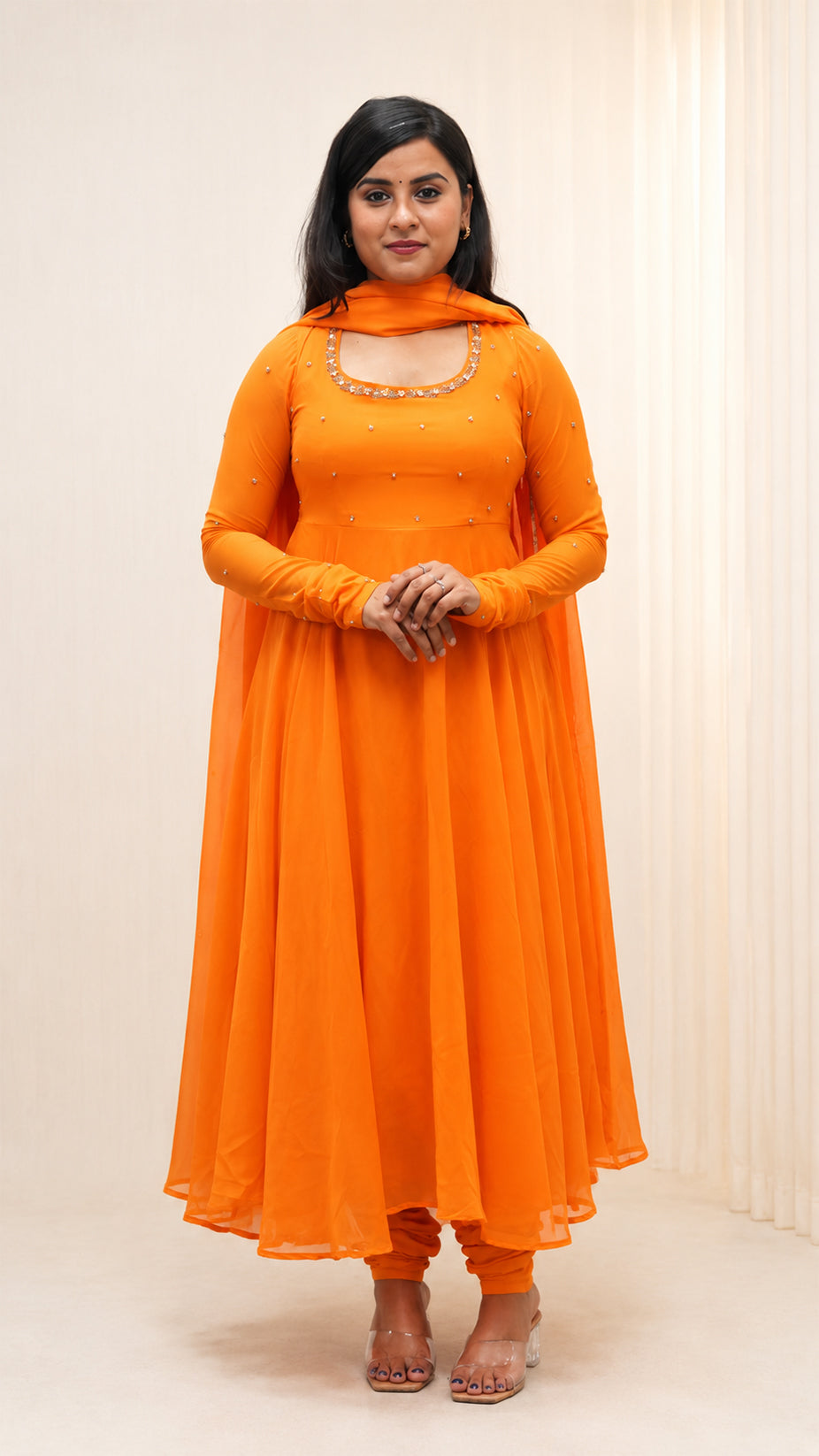 ORANGE GEORGETTE HAND WORK  FLARED DRESS
