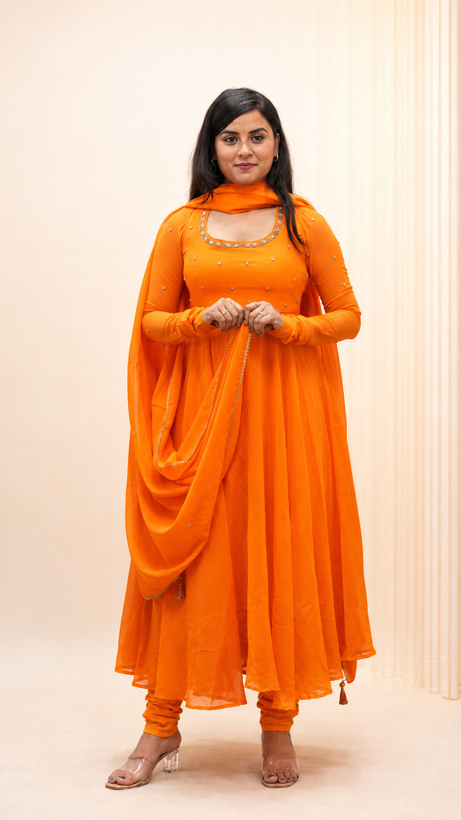 ORANGE GEORGETTE HAND WORK  FLARED DRESS