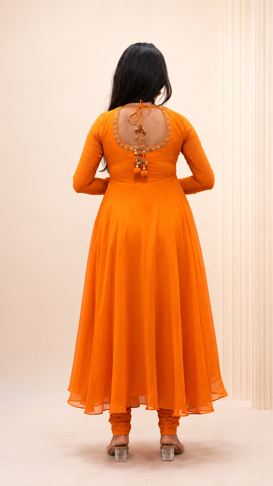 ORANGE GEORGETTE HAND WORK  FLARED DRESS