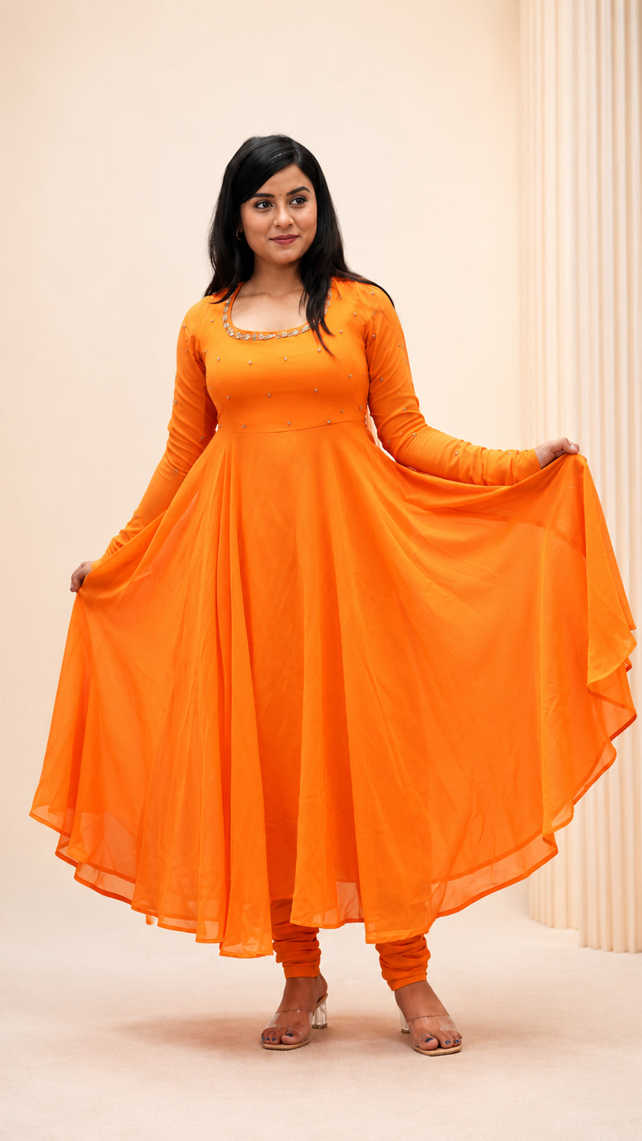 ORANGE GEORGETTE HAND WORK  FLARED DRESS