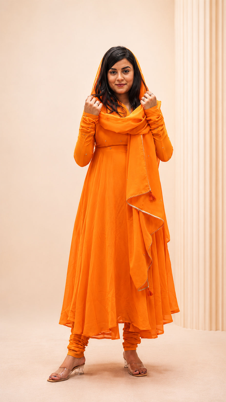 ORANGE GEORGETTE HAND WORK  FLARED DRESS