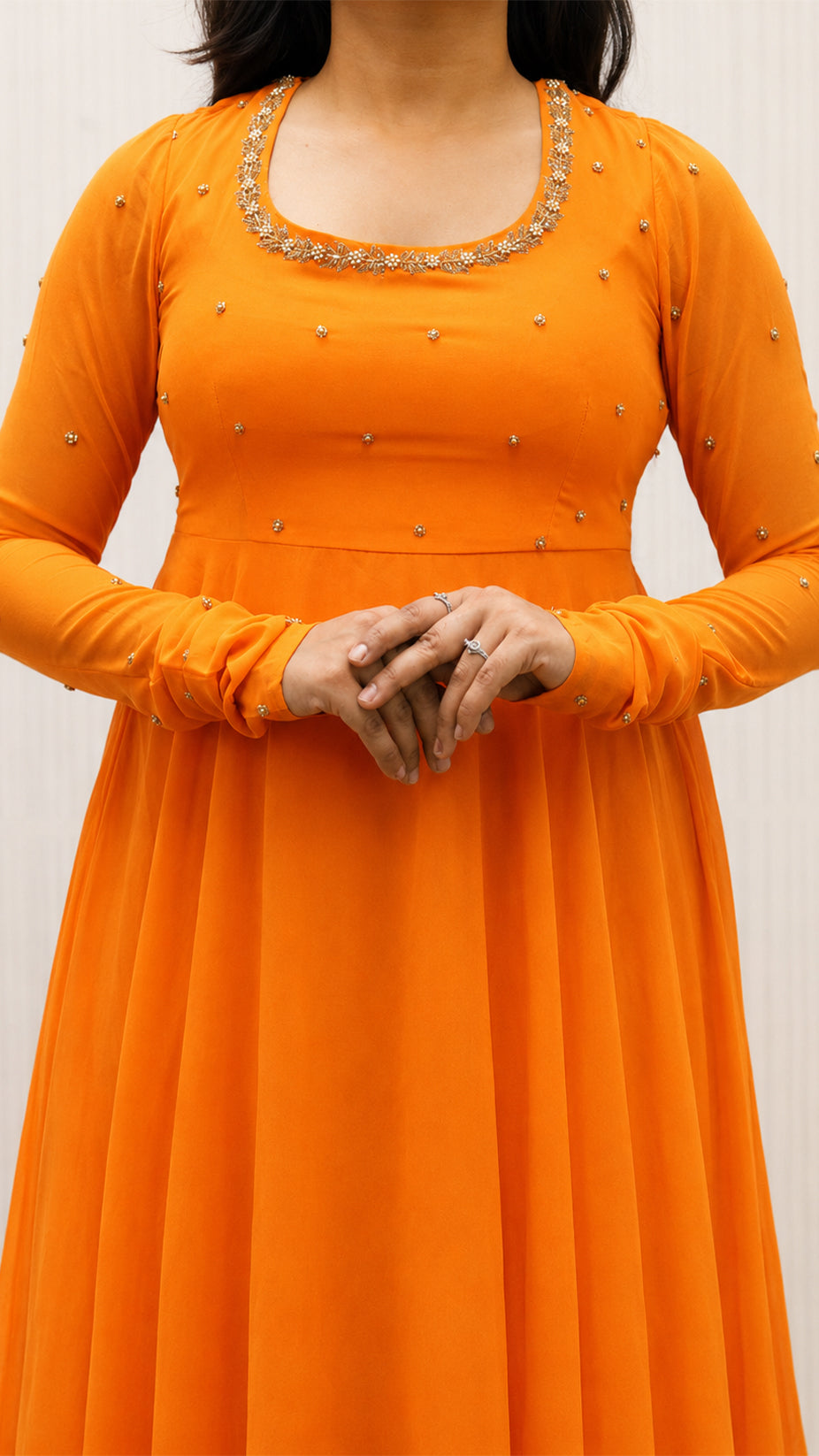 ORANGE GEORGETTE HAND WORK  FLARED DRESS