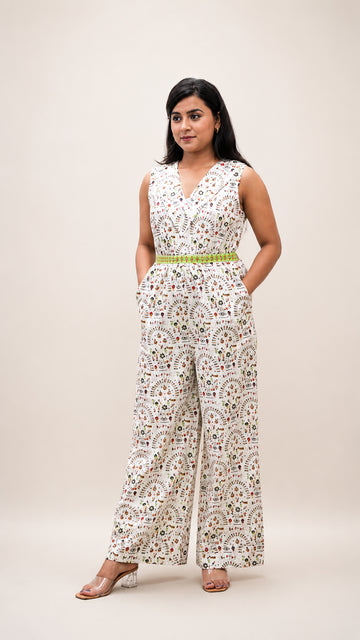 OFF WHITE COTTON PRINTED FLARED JUMP SUIT