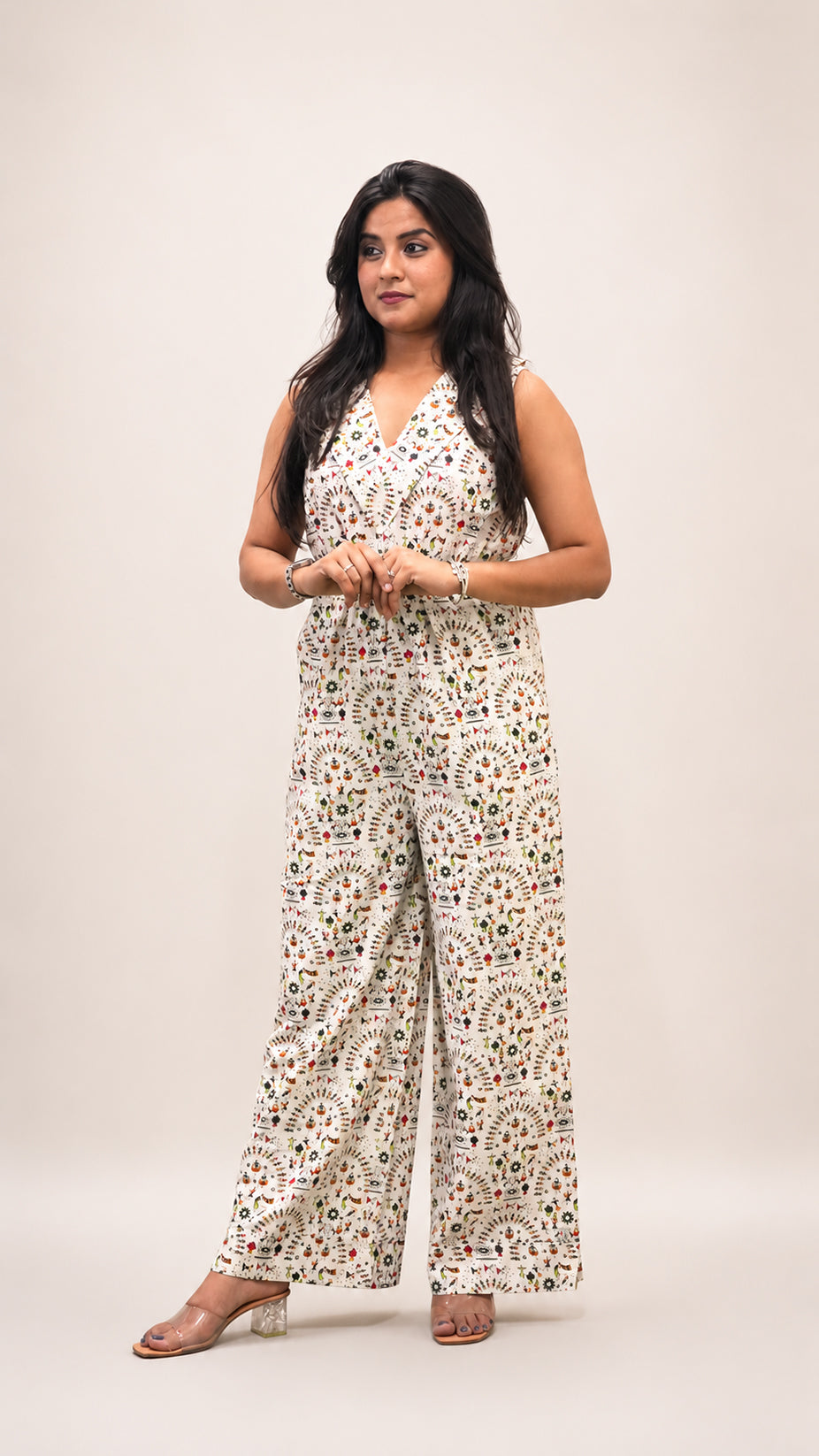 OFF WHITE COTTON PRINTED FLARED JUMP SUIT