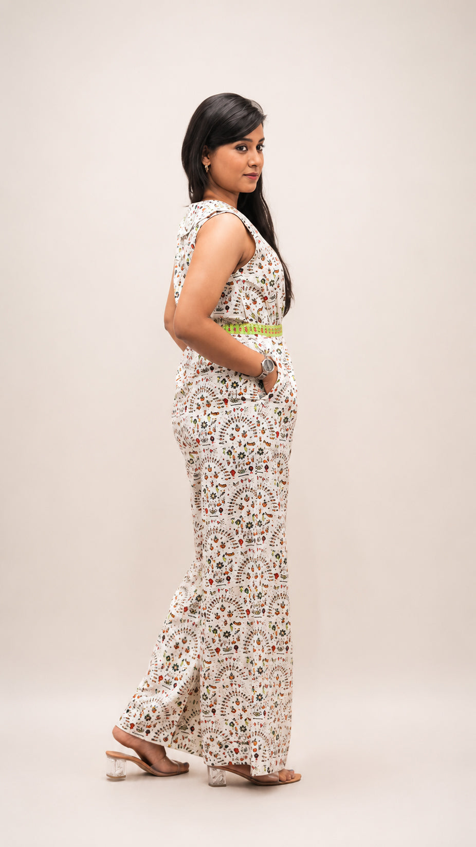OFF WHITE COTTON PRINTED FLARED JUMP SUIT