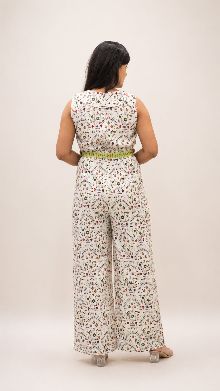 OFF WHITE COTTON PRINTED FLARED JUMP SUIT
