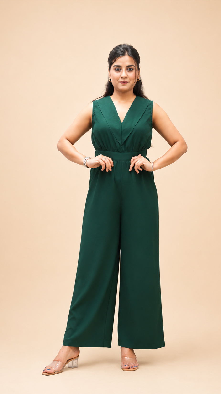 BOTTEL GREEN CRAPE FLARED JUMP SUIT