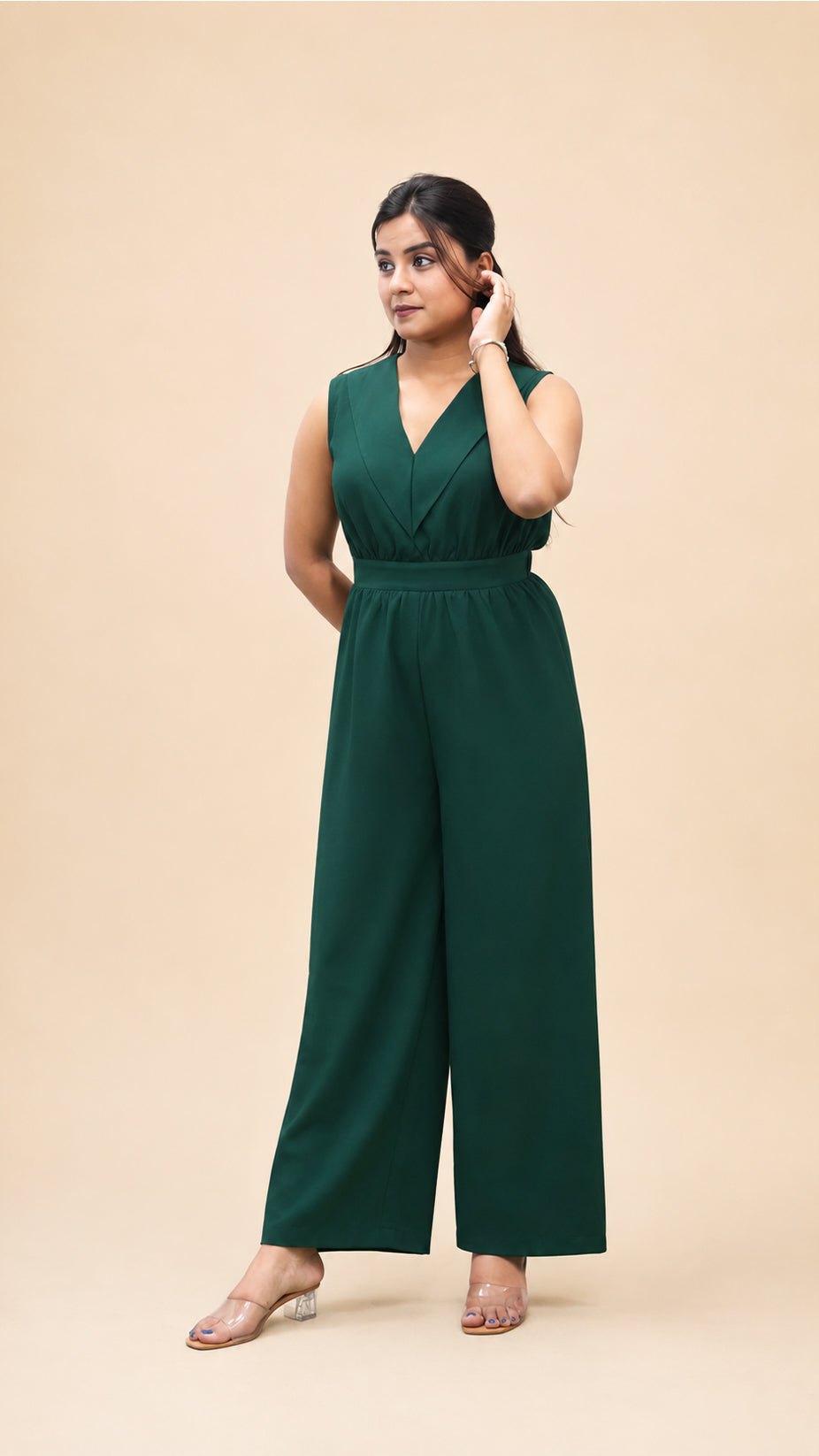 BOTTEL GREEN CRAPE FLARED JUMP SUIT