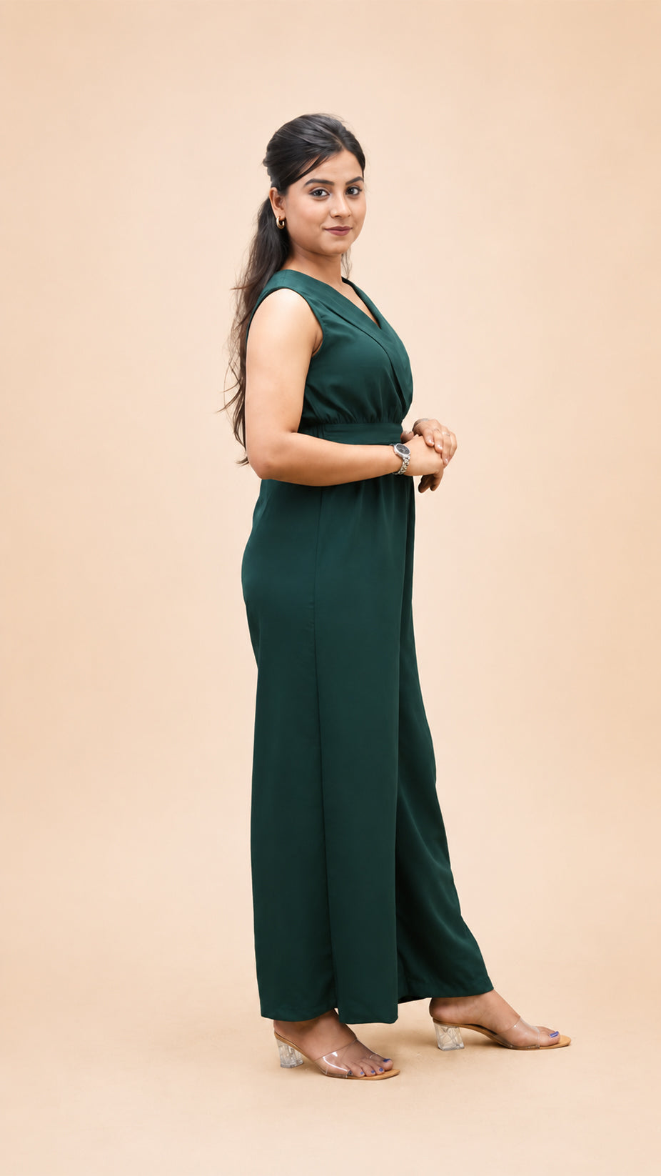 BOTTEL GREEN CRAPE FLARED JUMP SUIT