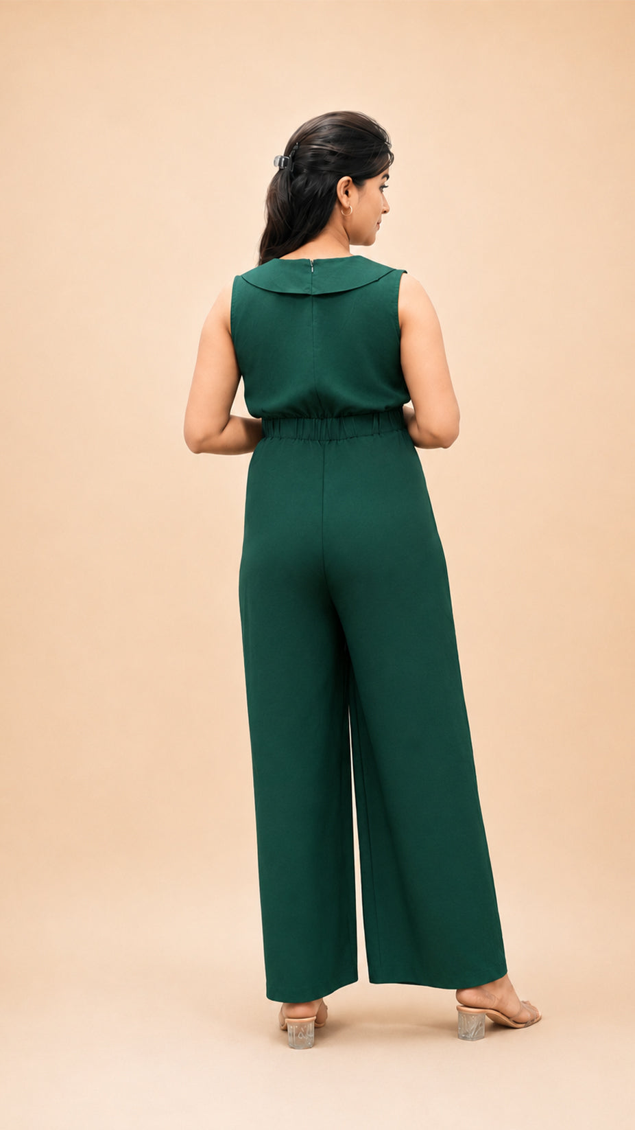 BOTTEL GREEN CRAPE FLARED JUMP SUIT