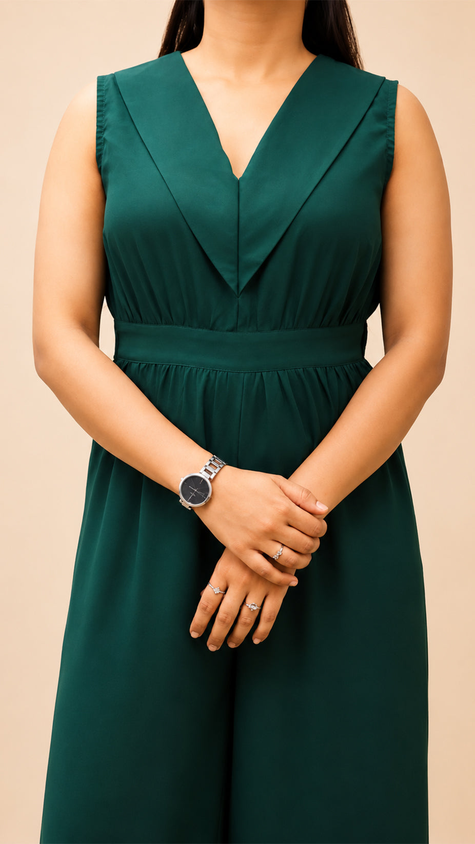 BOTTEL GREEN CRAPE FLARED JUMP SUIT