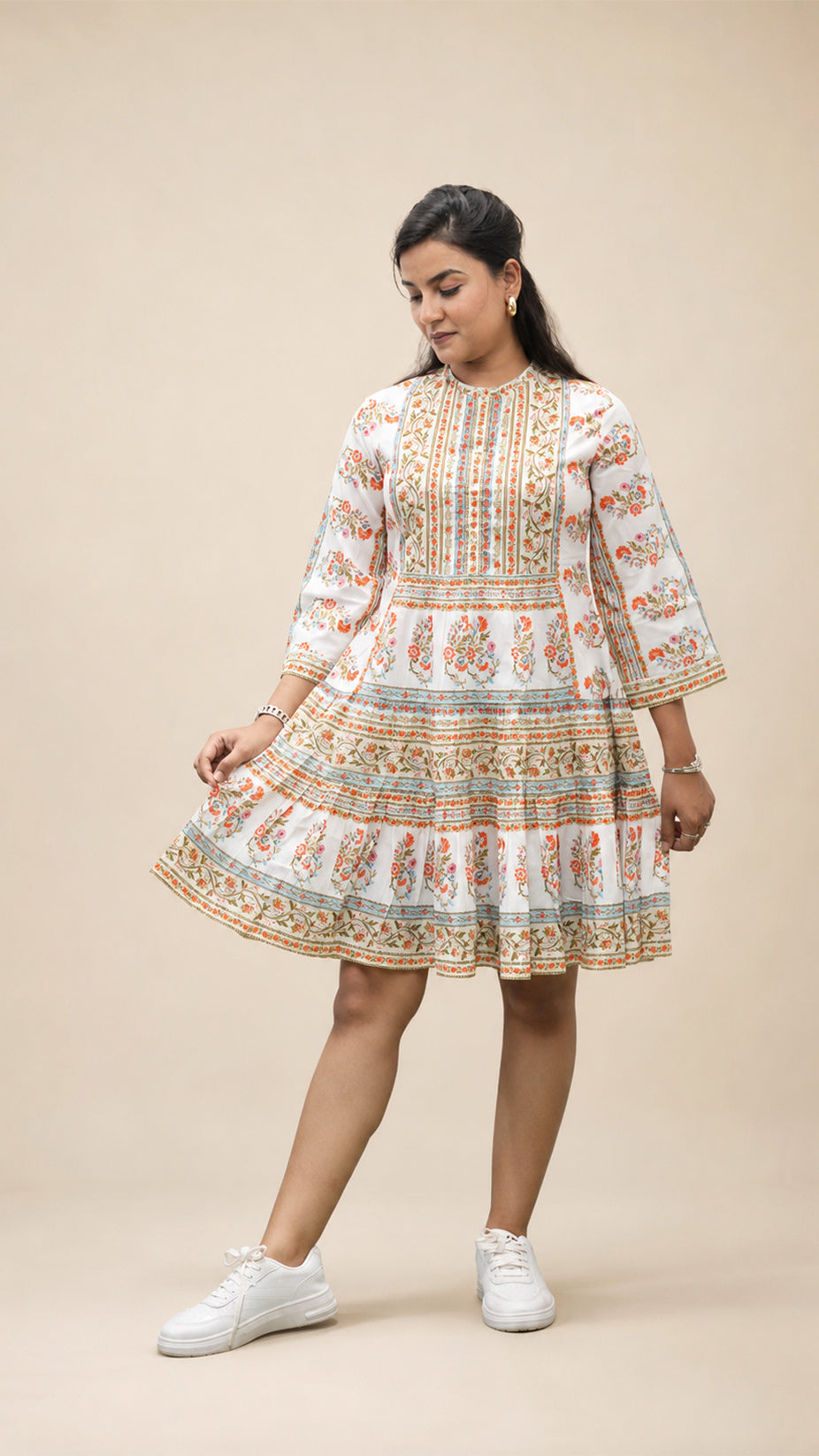 MULTI PRINTED COTTON FLARED SHORT DRESS