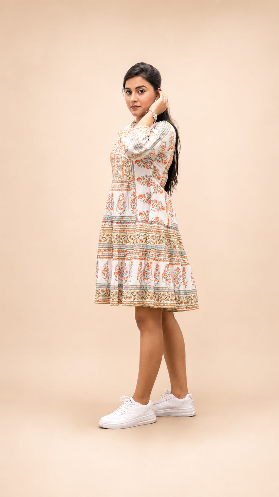 MULTI PRINTED COTTON FLARED SHORT DRESS