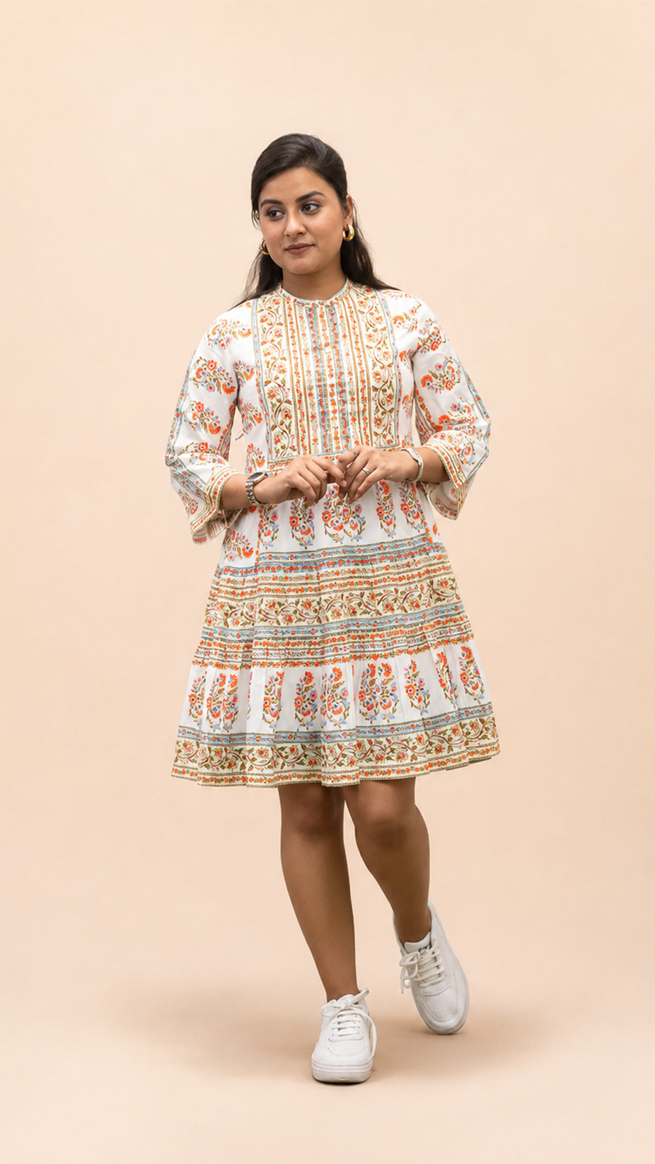 MULTI PRINTED COTTON FLARED SHORT DRESS