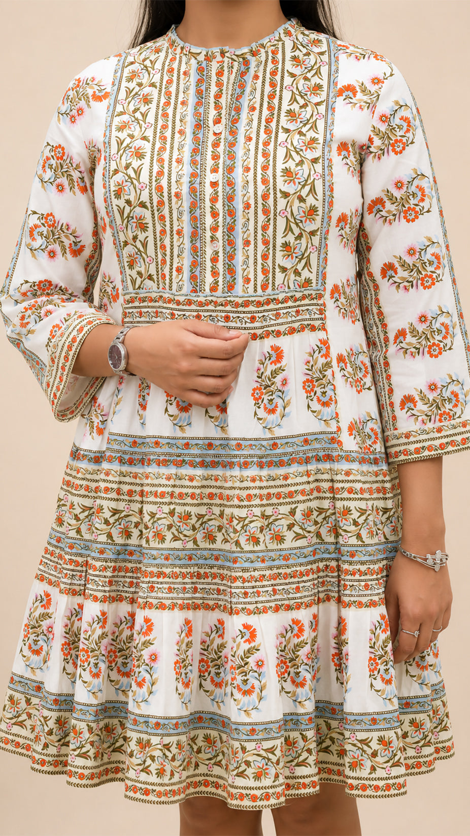 MULTI PRINTED COTTON FLARED SHORT DRESS