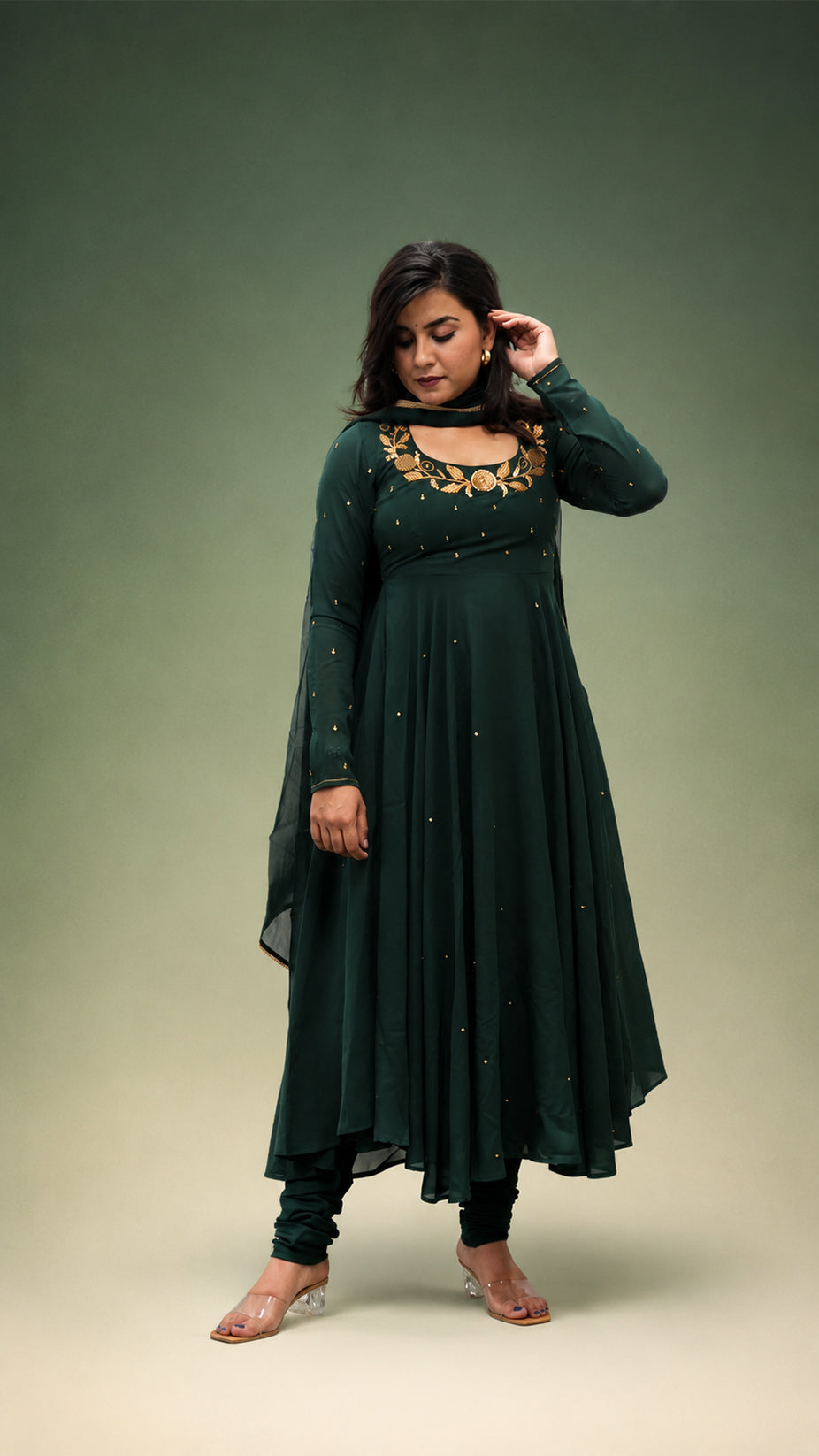 BOTTEL GREEN HAND WORK  GEORGETTE FLARED SUIT SET