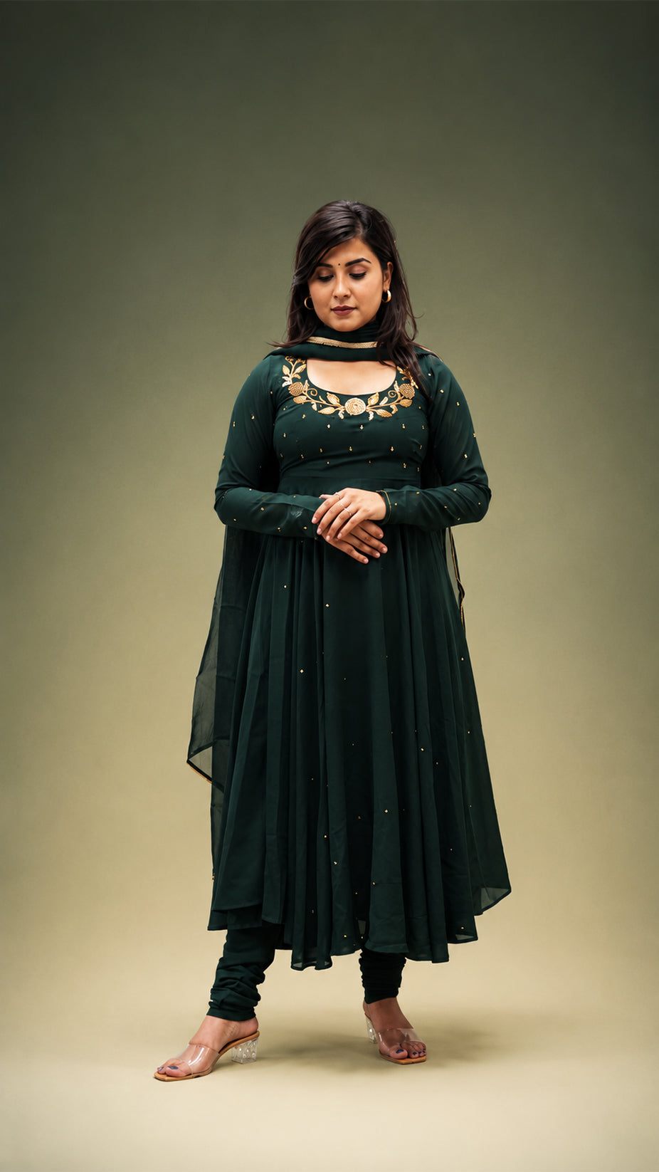BOTTEL GREEN HAND WORK  GEORGETTE FLARED SUIT SET
