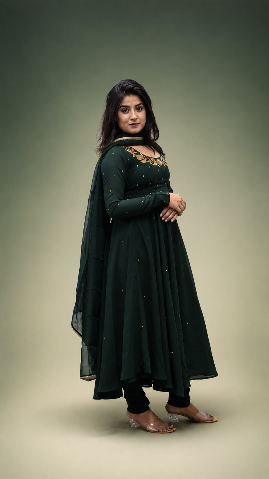 BOTTEL GREEN HAND WORK  GEORGETTE FLARED SUIT SET