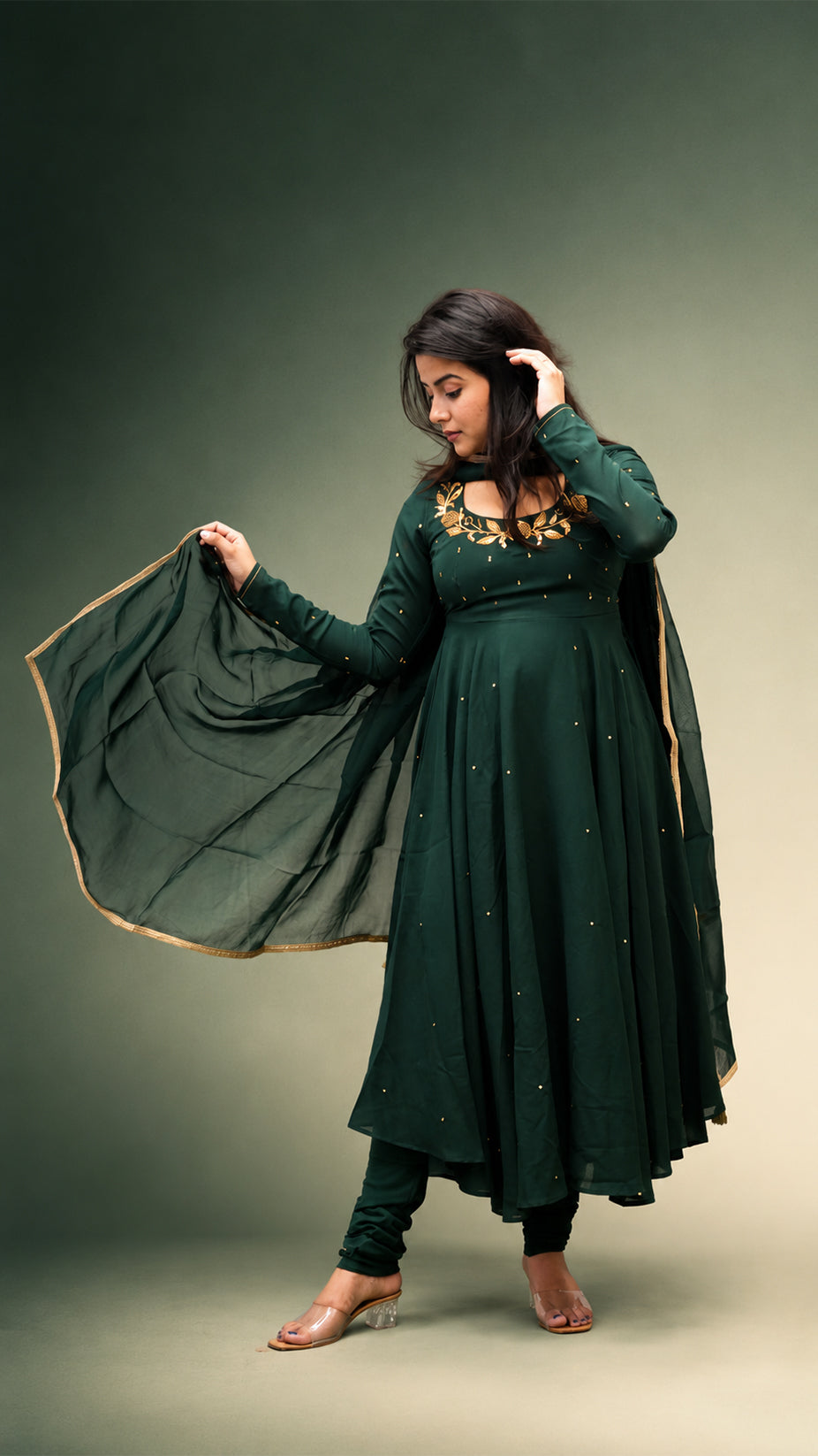 BOTTEL GREEN HAND WORK  GEORGETTE FLARED SUIT SET