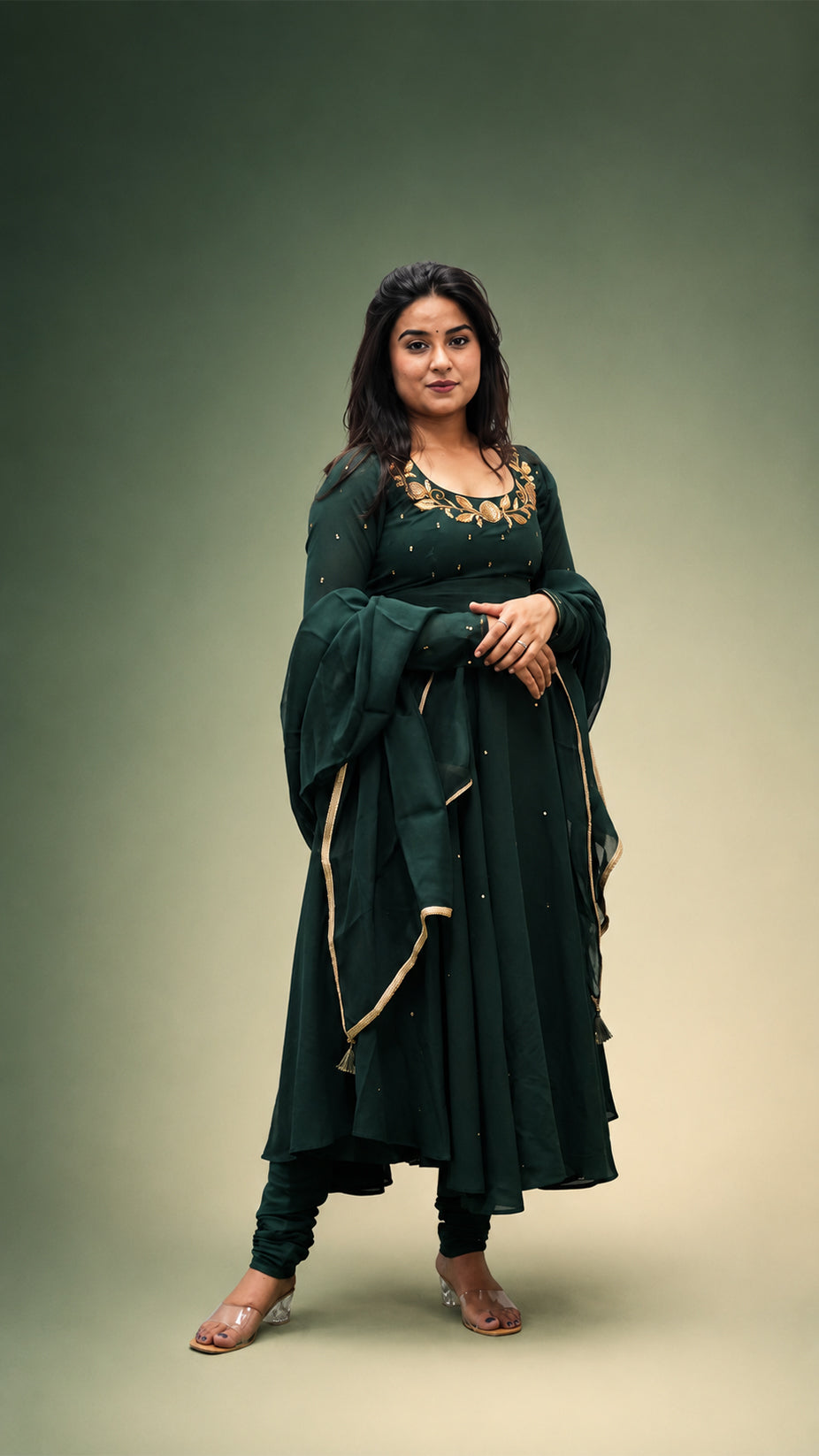 BOTTEL GREEN HAND WORK  GEORGETTE FLARED SUIT SET