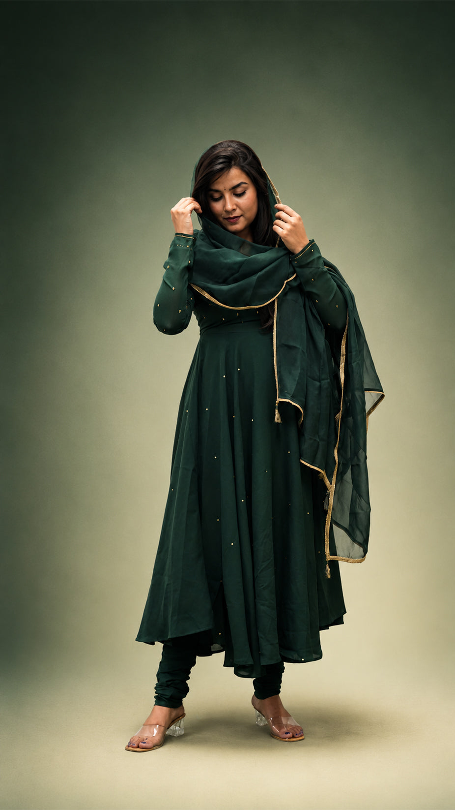 BOTTEL GREEN HAND WORK  GEORGETTE FLARED SUIT SET