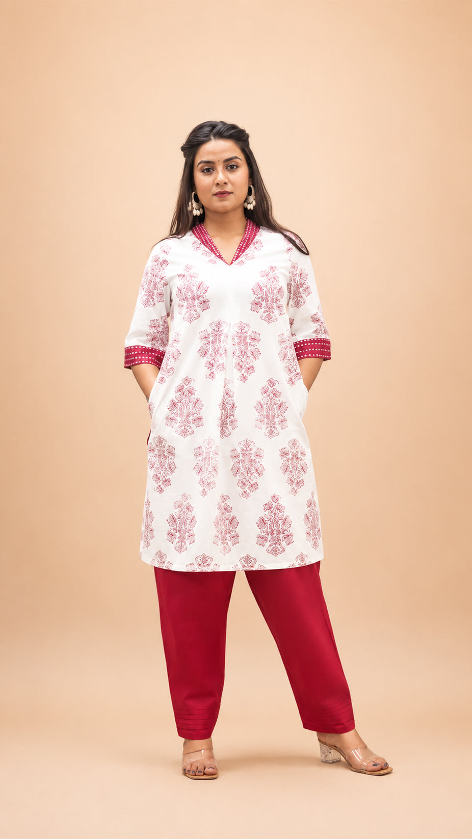 RED COTTON PRINTED HAND WORK CO- SETS