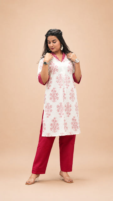 RED COTTON PRINTED HAND WORK CO- SETS