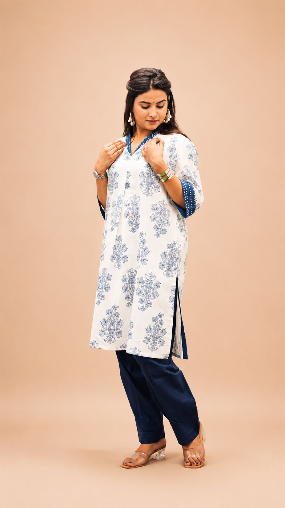 BLUE COTTON PRINTED HAND WORK CO- SETS
