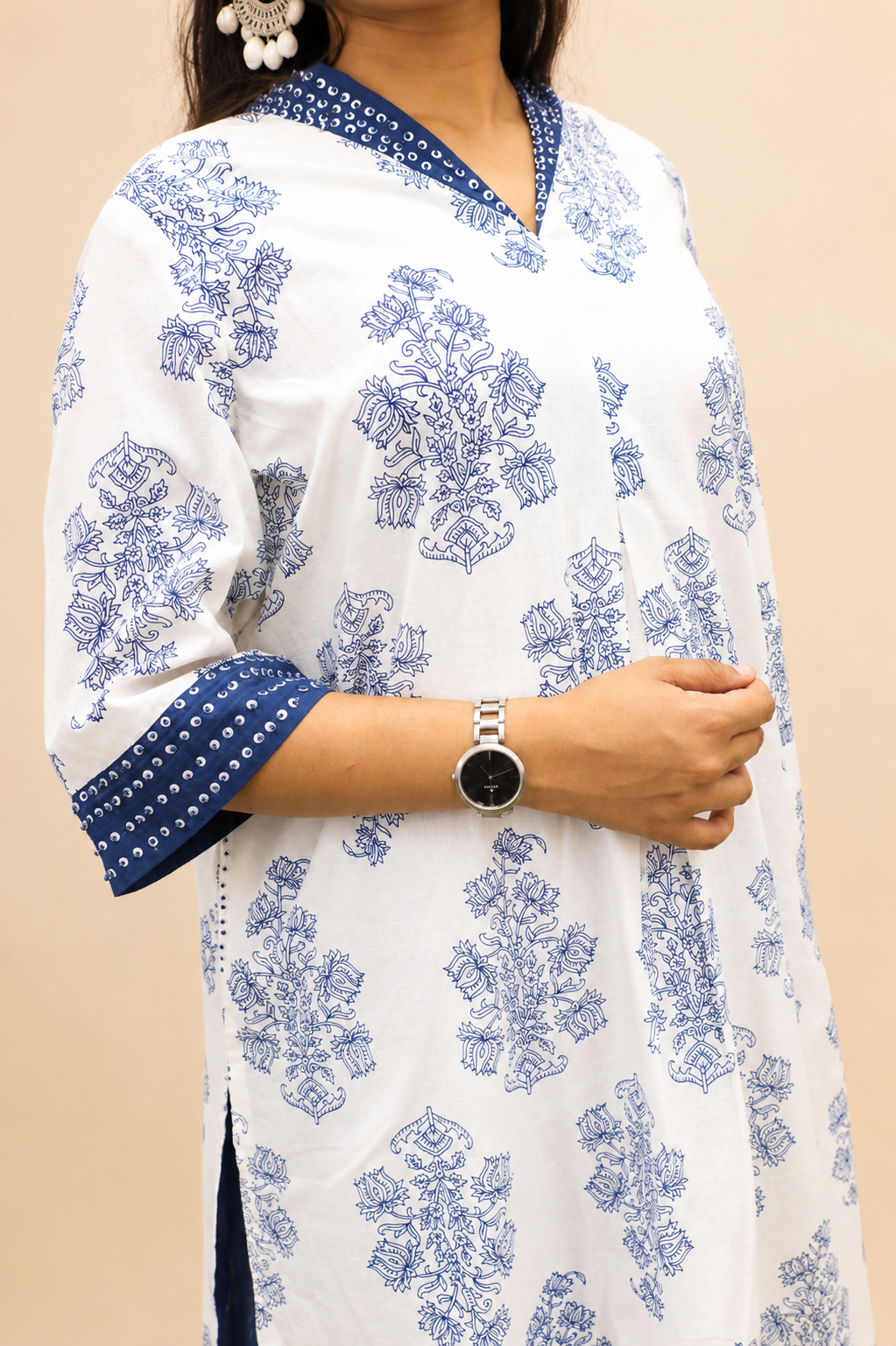 BLUE COTTON PRINTED HAND WORK CO- SETS