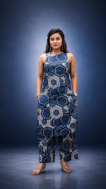 INDIGO PRINTED STRIGHT CO-ORD SETS