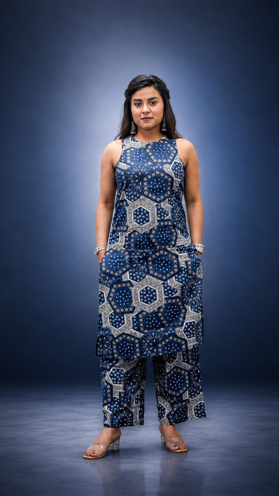 INDIGO PRINTED STRIGHT CO-ORD SETS