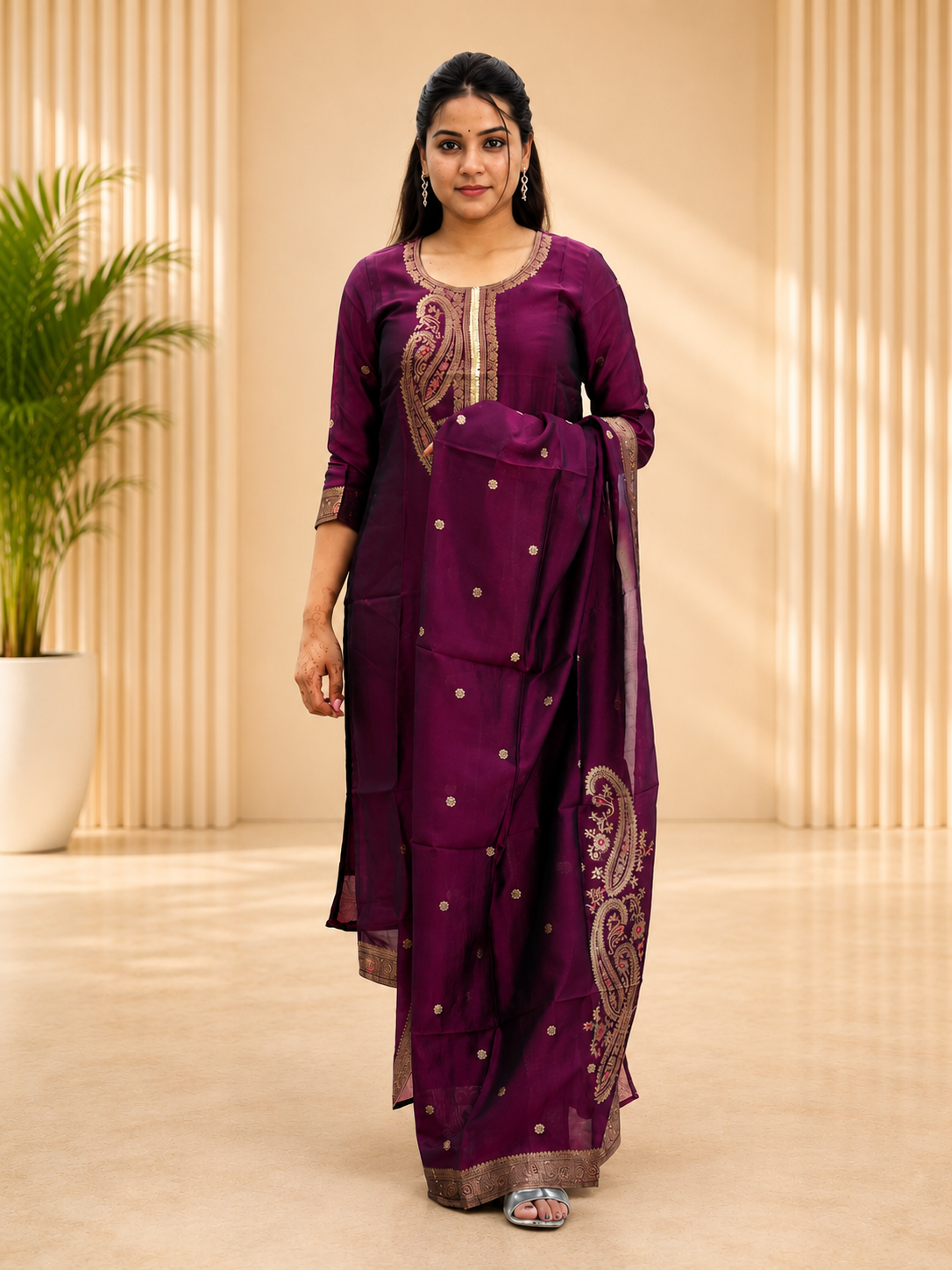 RED ART SILK STRIGHT KURTA PANT SUIT SET