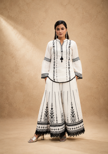 WHITE POLY SILK EMBRODERY SHRARA SUIT SET