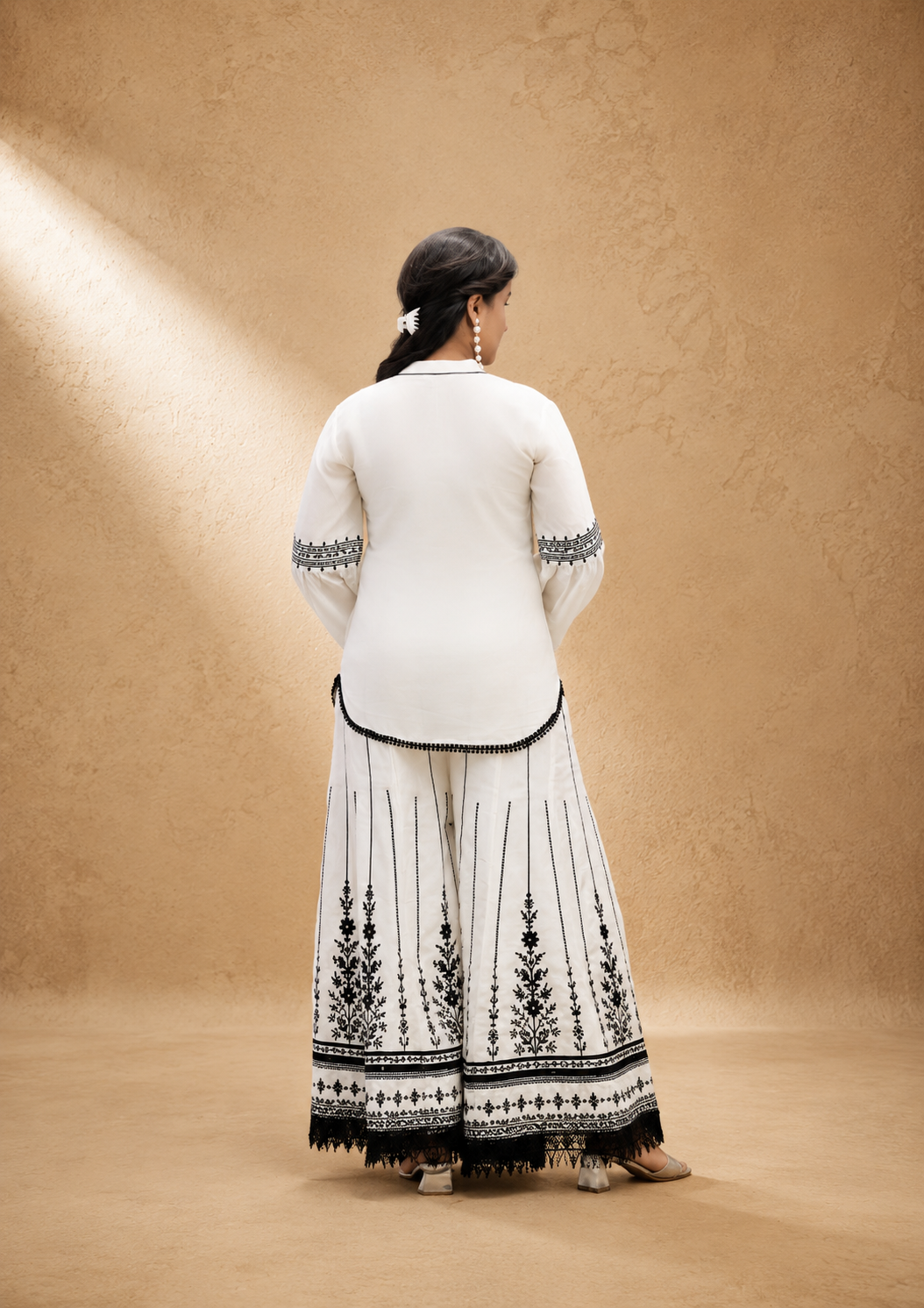 WHITE POLY SILK EMBRODERY SHRARA SUIT SET