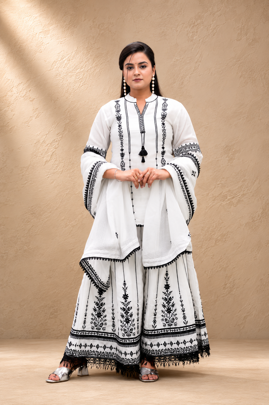 WHITE POLY SILK EMBRODERY SHRARA SUIT SET