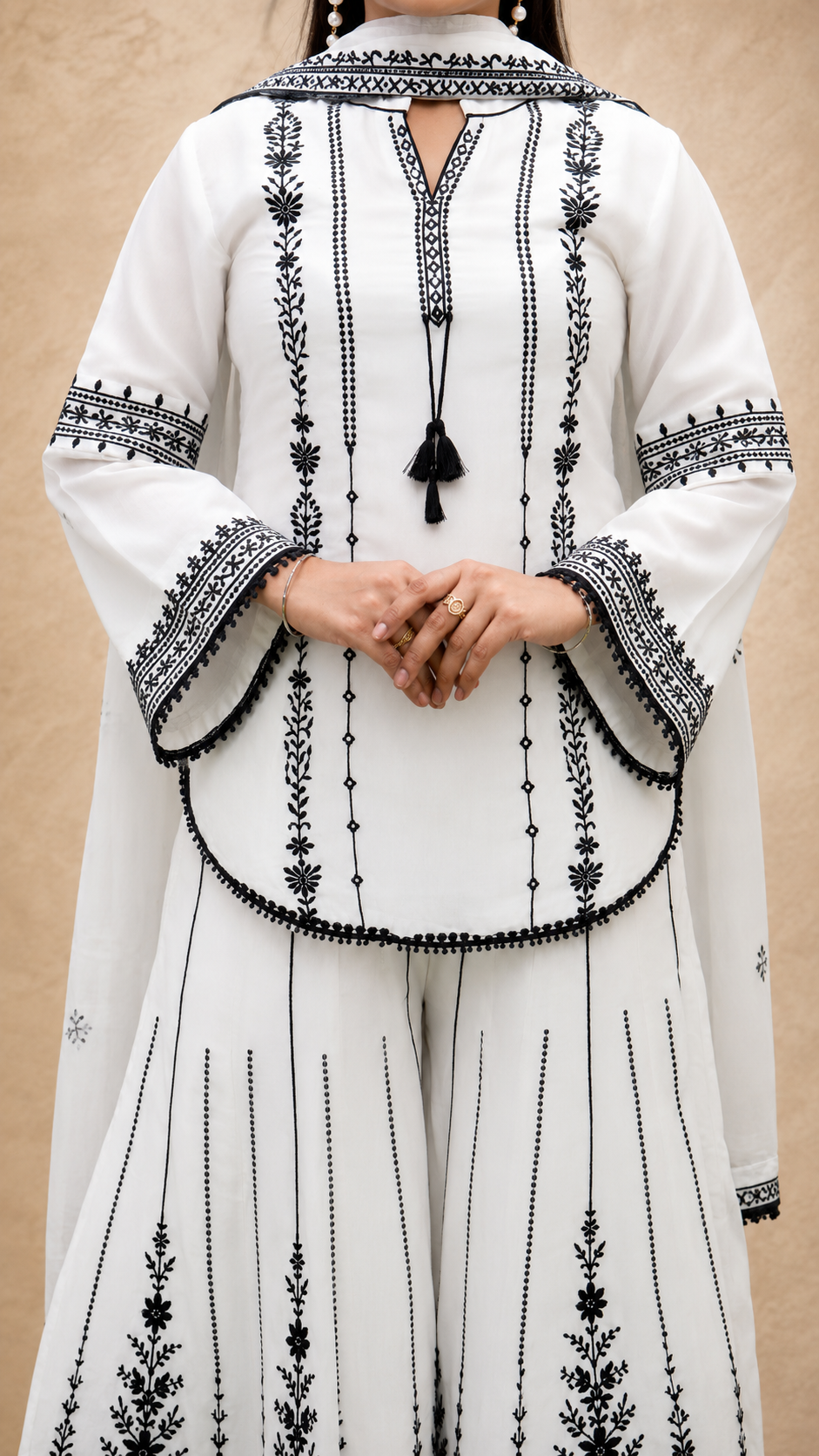 WHITE POLY SILK EMBRODERY SHRARA SUIT SET
