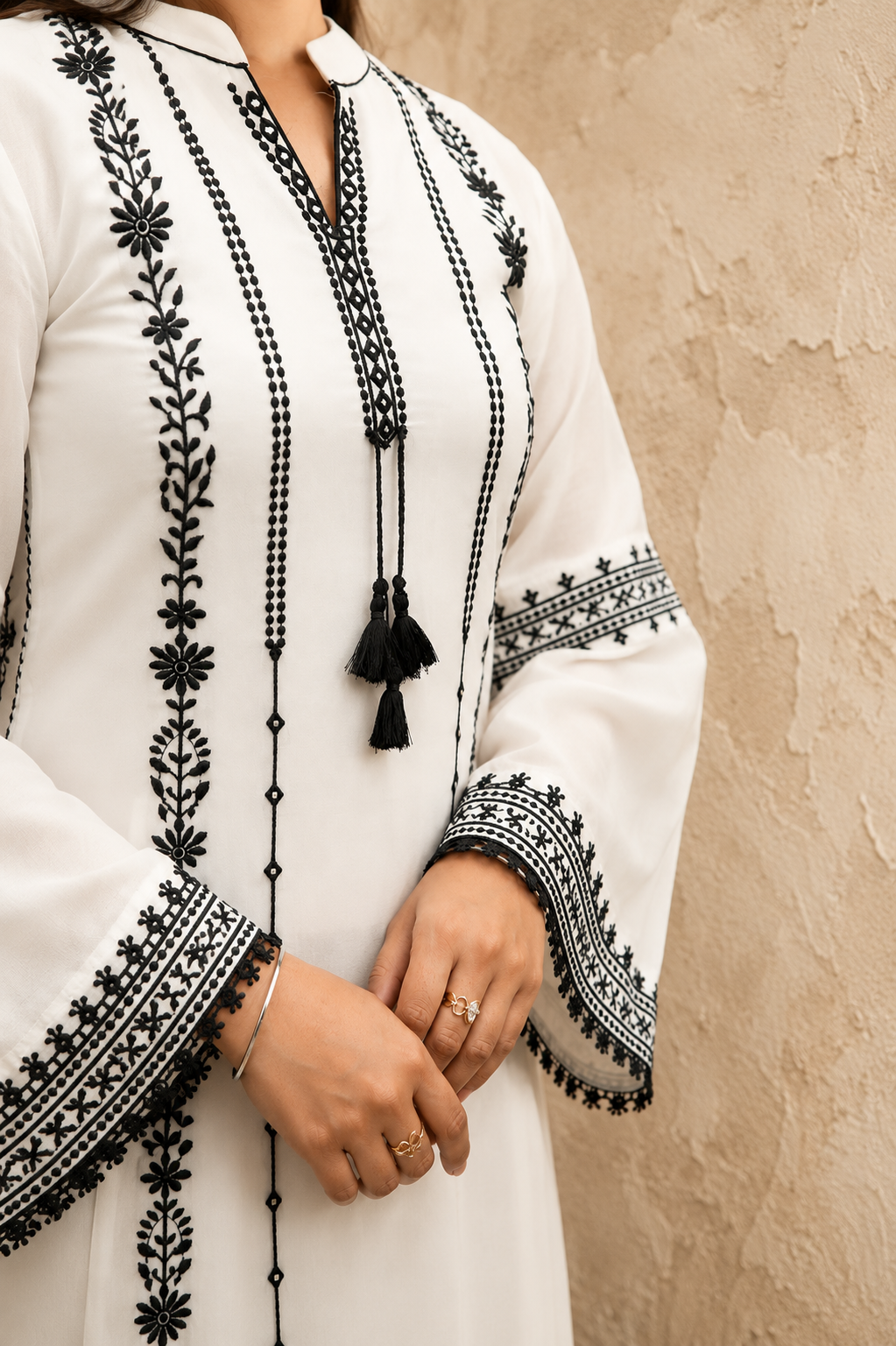 WHITE POLY SILK EMBRODERY SHRARA SUIT SET