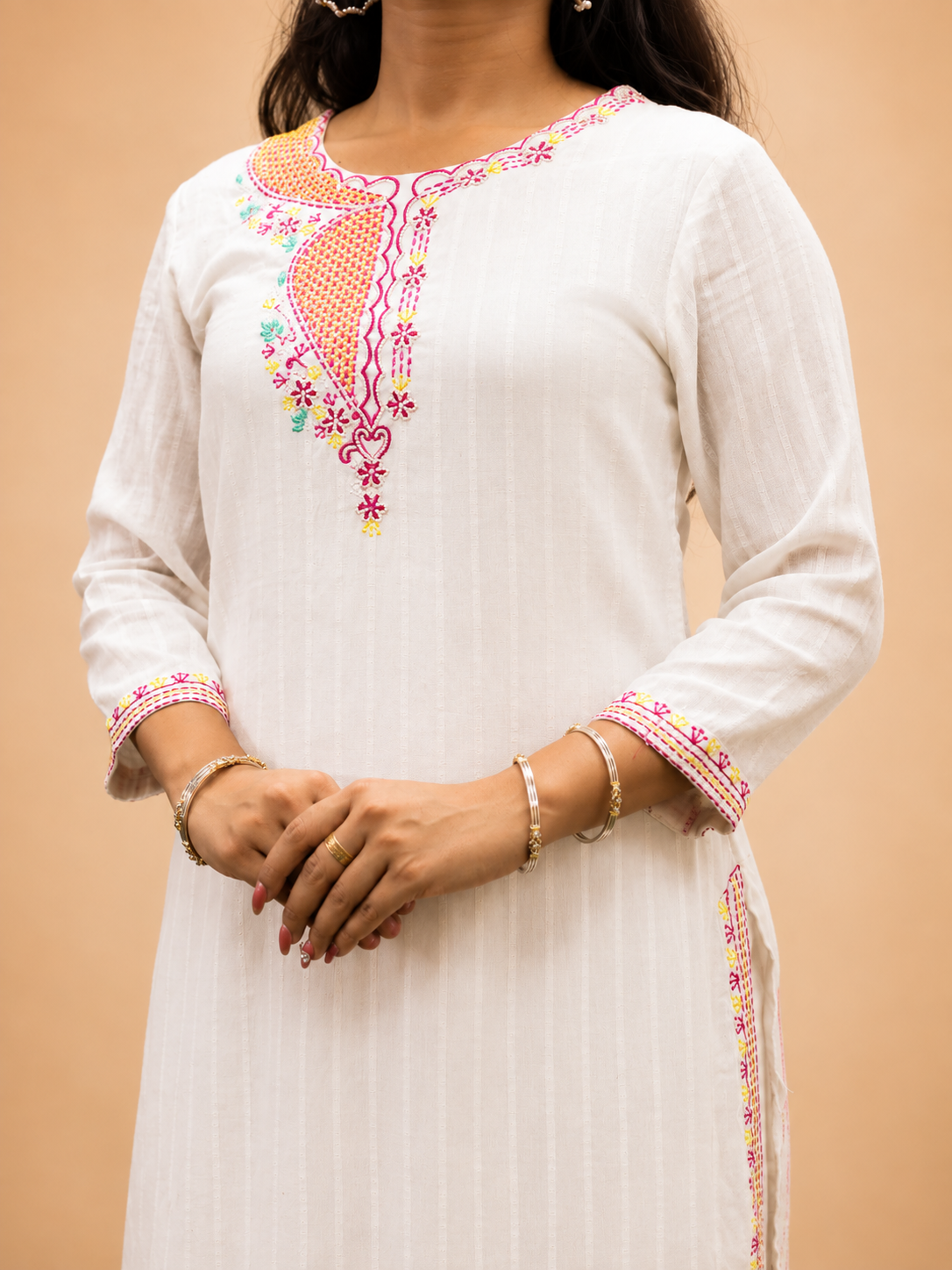 WHITE VISCOSE EMBRODERY HAND WORK KURTA SUIT SETS
