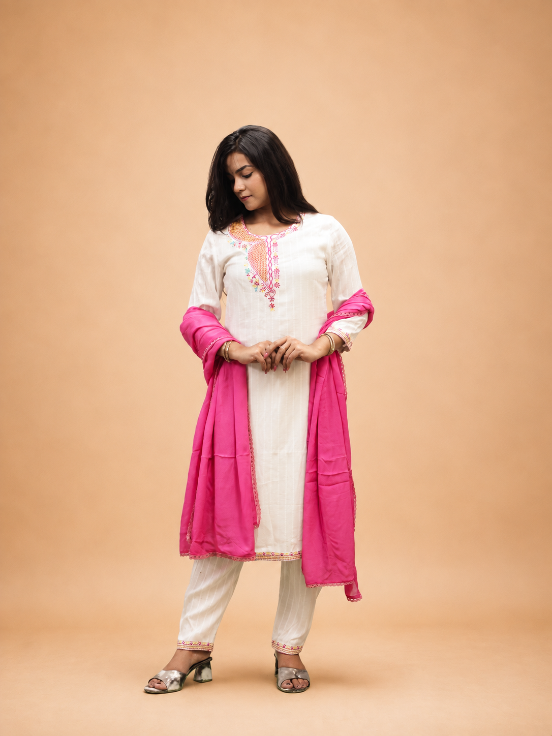 WHITE VISCOSE EMBRODERY HAND WORK KURTA SUIT SETS